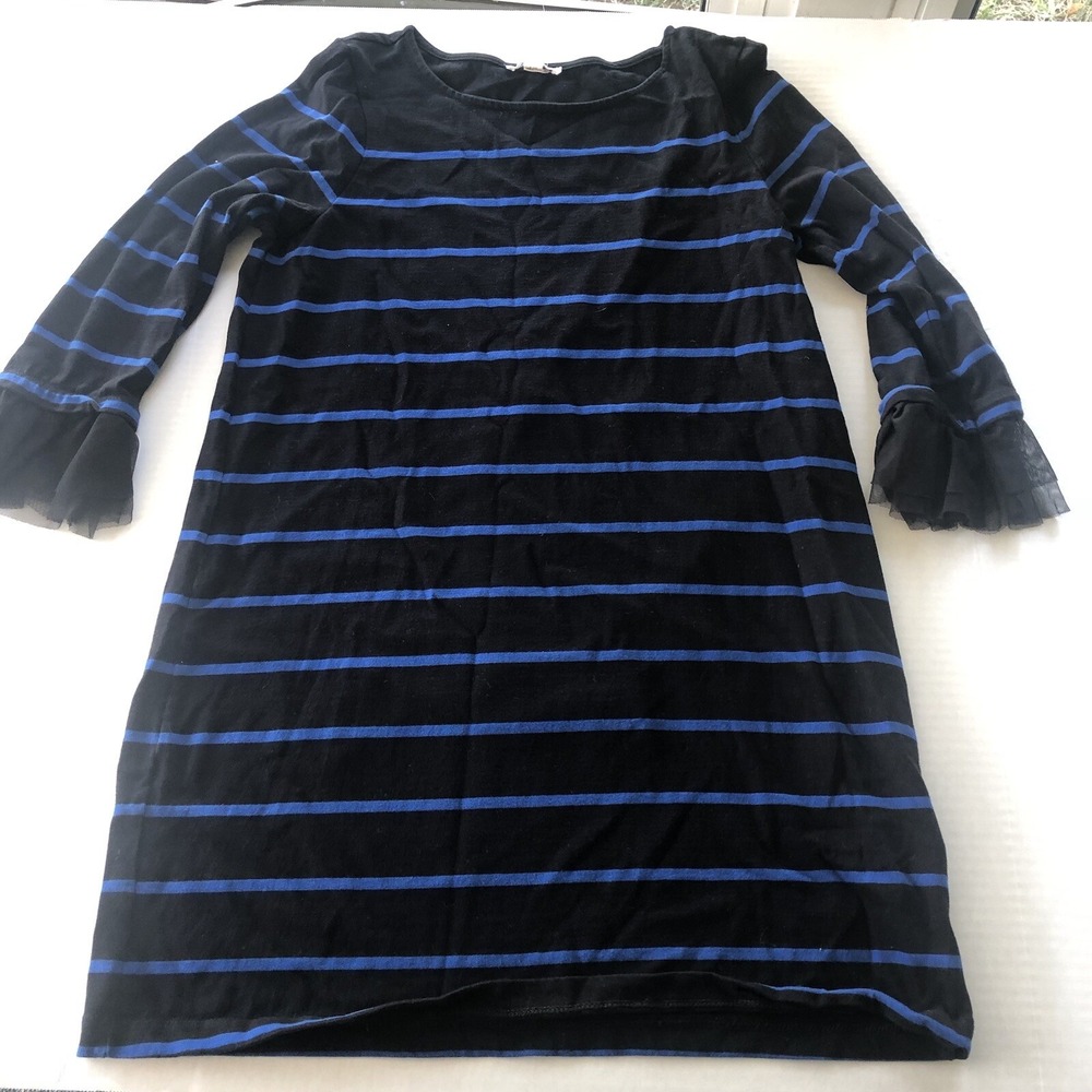 Beach Lunch Lounge Blue Stripe Tulle Sleeve Ruffle Dress Sz L A386